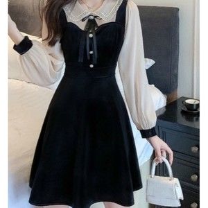 Gothic velvety Peter Pan babydoll collar cottagecore schoolgirl lolita Dress M